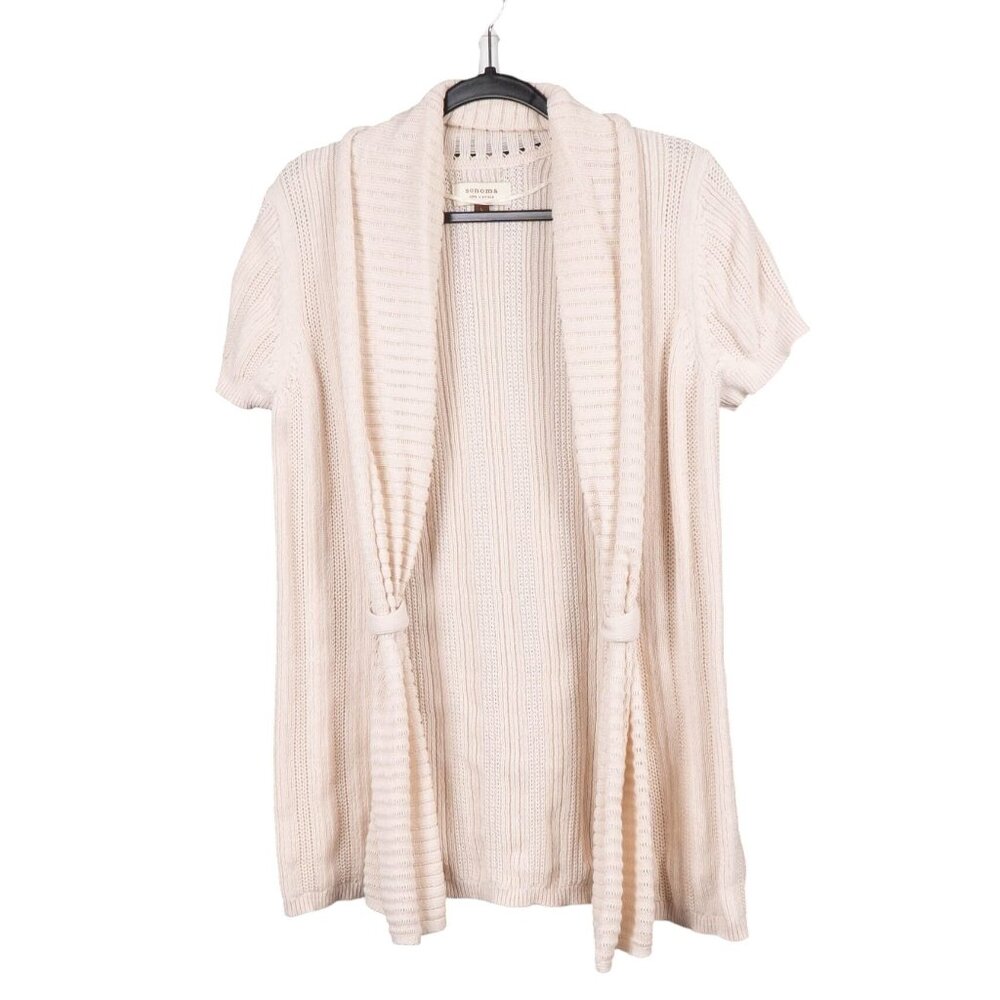 Sonoma Cardigan Sweater L Women Cottagecore Short Sleeve Knit Ivory White Cotton